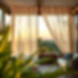 A serene outdoor setting featuring net curtains swaying gently in the breeze