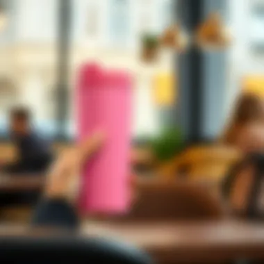 Stylish pink travel mug being used in a modern café