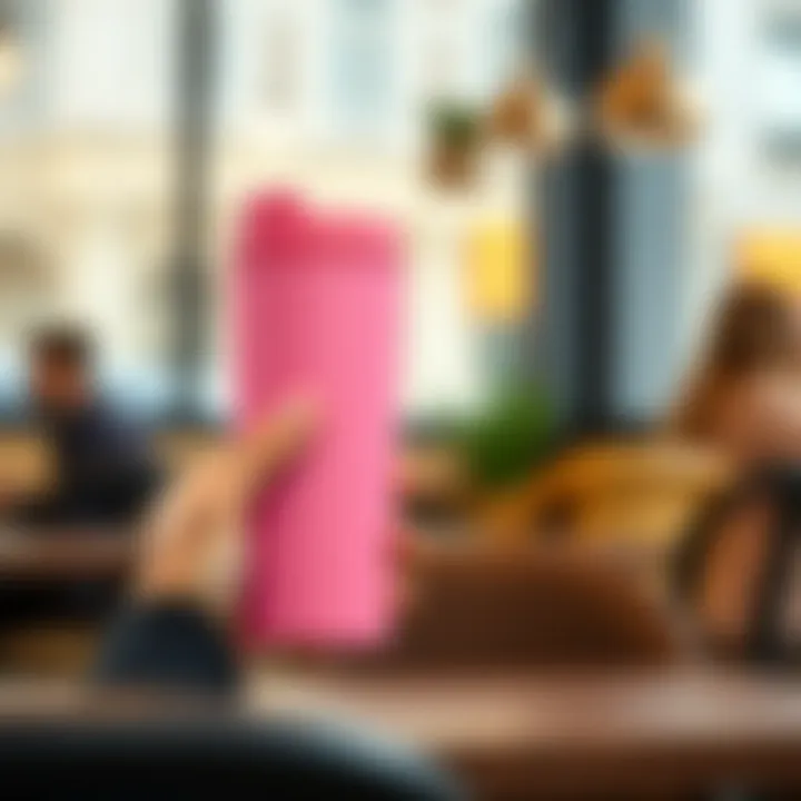 Stylish pink travel mug being used in a modern café