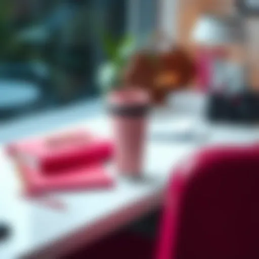 Elegant pink travel coffee mug on a stylish desk