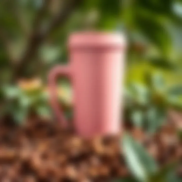 Pink travel mug surrounded by nature and coffee beans