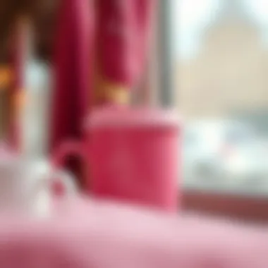 Close-up view of a pink travel coffee mug with steam rising