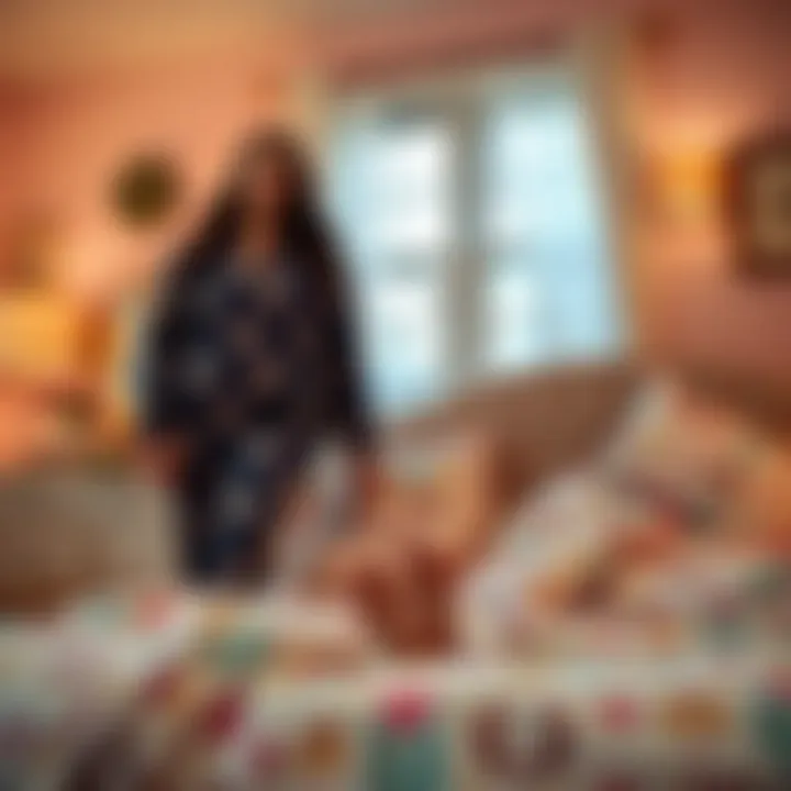 A cozy bedroom scene featuring various plus size pajama options.