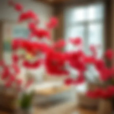 Stylish Interior Decor with Cherry Blossoms Stylish interior decor featuring red cherry blossom artificial flowers