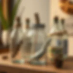 Artistic display of reusable mason jar bottles decorated with natural elements