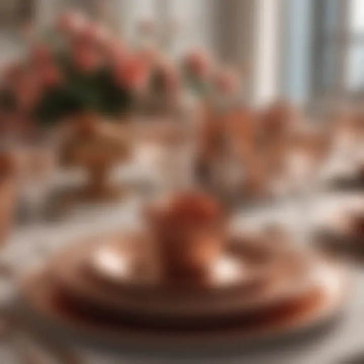 Rose gold dinnerware arranged for an elegant dinner party