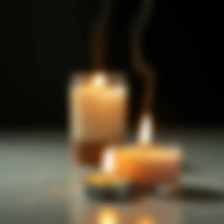 A close-up of a tea light candle melting next to an essential oil diffuser emitting vapor.
