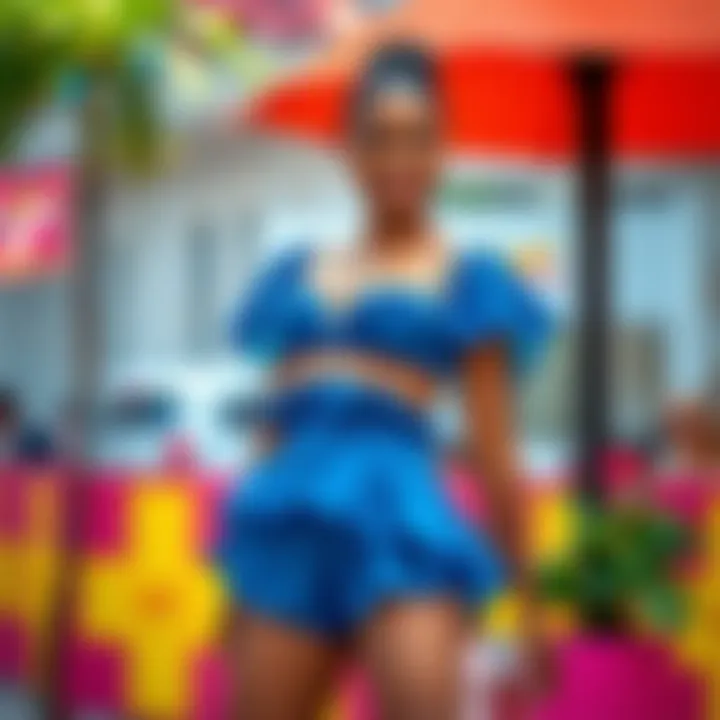 A model confidently showcasing a ruffle short set in a vibrant setting