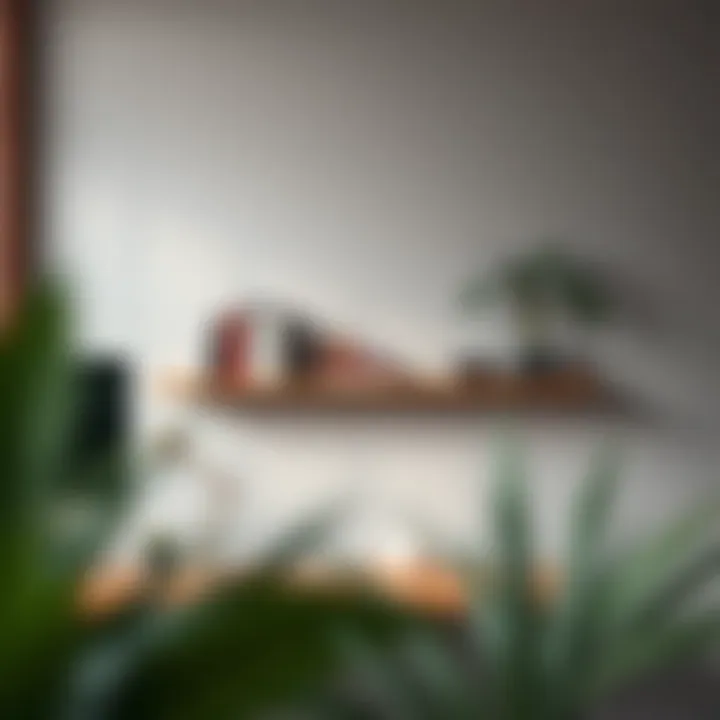 A modern workspace featuring a sleek floating wall shelf with books and plants