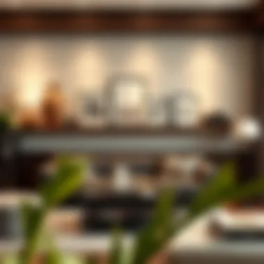 A stylish living room featuring a large picture ledge with decorative objects