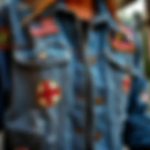 Close-up of stylish distressed jean jacket with unique patches