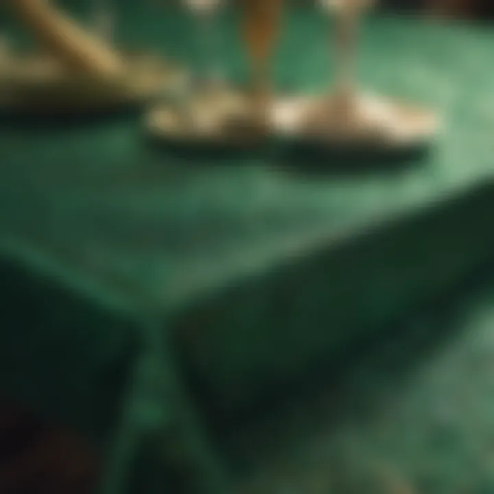 Close-up view of a luxurious green sequin tablecloth reflecting light