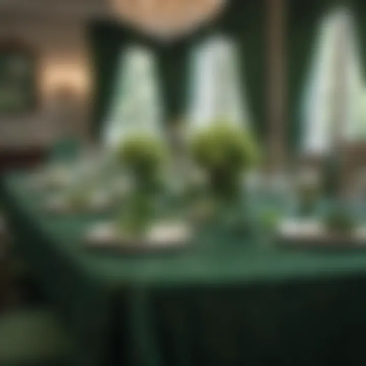 Elegant dining setup featuring green sequin tablecloths