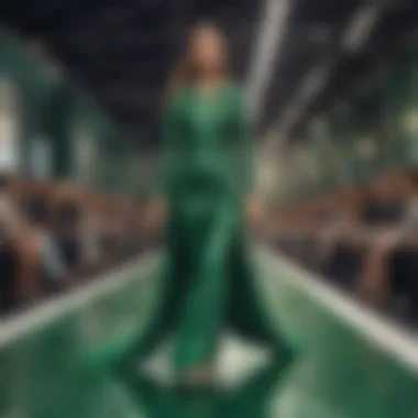 Fashion runway showcasing garments with green sequin accents