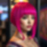 Vibrant hot pink wig with bangs styled elegantly