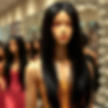 A stunning long straight black wig displayed elegantly on a mannequin