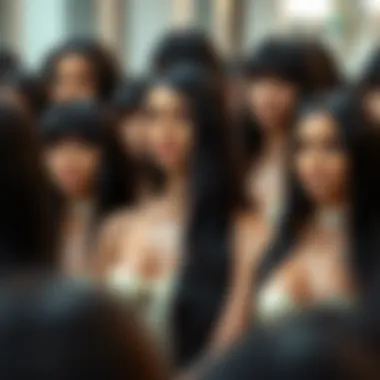 Different styles of long straight black wigs arranged beautifully