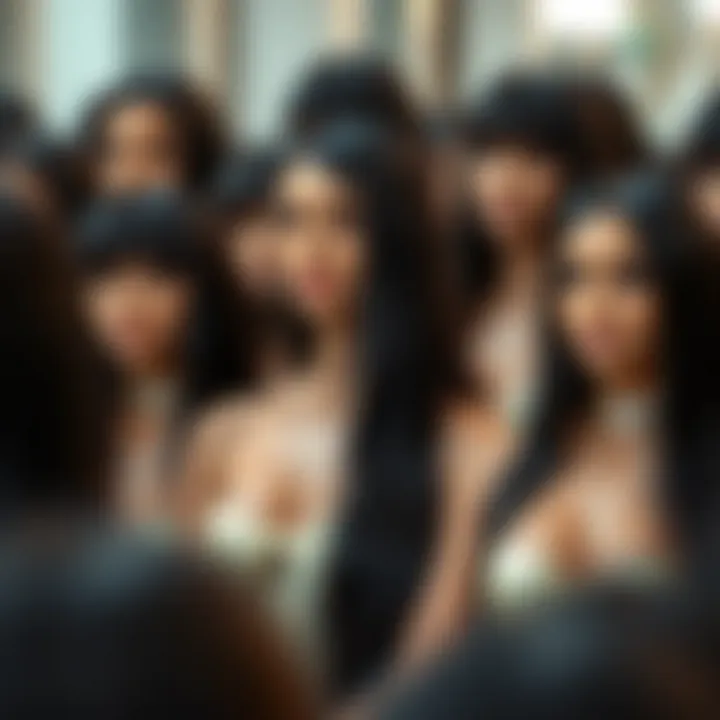 Different styles of long straight black wigs arranged beautifully