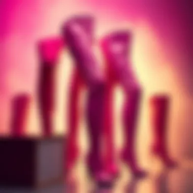 Artistic arrangement of pink thigh high boots against a vibrant backdrop