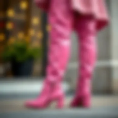 Close-up of pink thigh high boots paired with a chic outfit