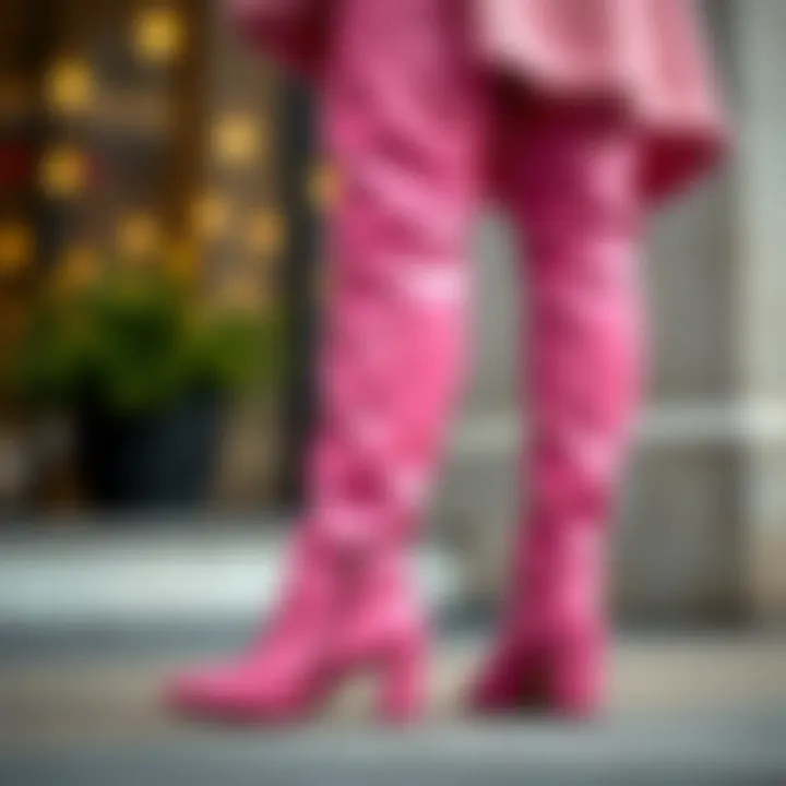 Close-up of pink thigh high boots paired with a chic outfit