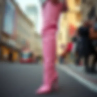 Stylish pink thigh high boots showcased on a street fashion scene