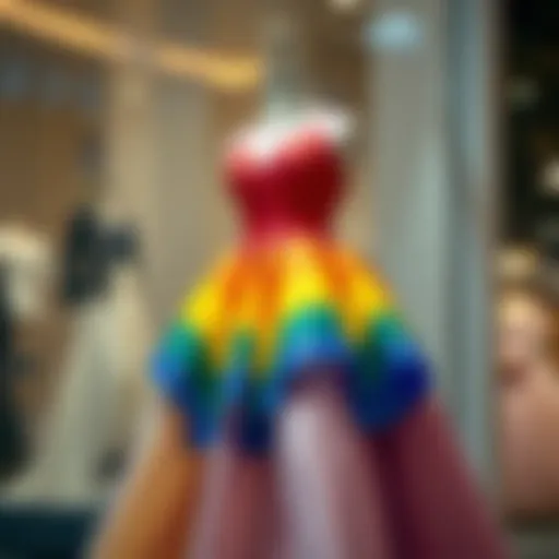 A vibrant rainbow princess dress displayed elegantly on a mannequin