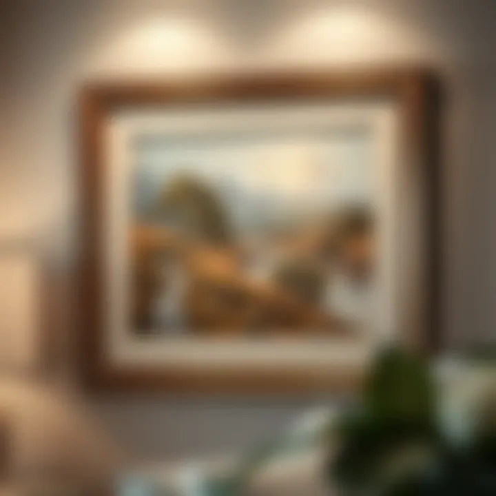 Close-up of a beautifully framed rustic landscape painting showcasing intricate details