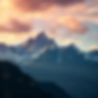 An artist's depiction of a mountain range with dramatic skies and rich textures