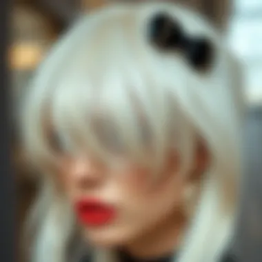 Intricate Styling of a White Wig with Bangs Detailed close-up of a styled white wig with bangs