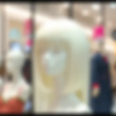 Graceful Display of a White Wig with Bangs Elegant white wig with bangs displayed on a mannequin