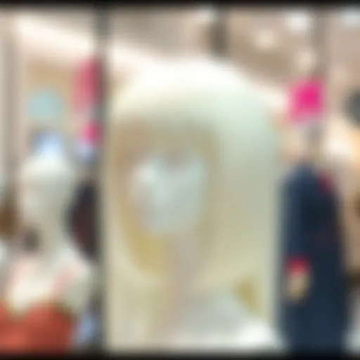 Graceful Display of a White Wig with Bangs Elegant white wig with bangs displayed on a mannequin