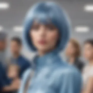 A stylish person wearing a greyish blue wig at a fashion event.