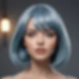 A stunning greyish blue wig styled elegantly on a mannequin.