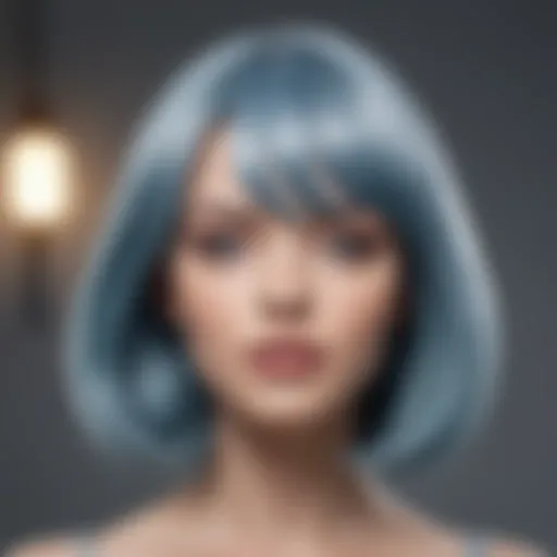 A stunning greyish blue wig styled elegantly on a mannequin.