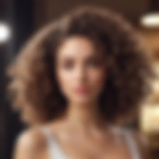 Elegant woman showcasing 18 inch curly hairstyle against fashionable backdrop