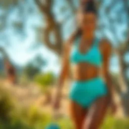 Elegant turquoise workout set displayed in a serene outdoor environment