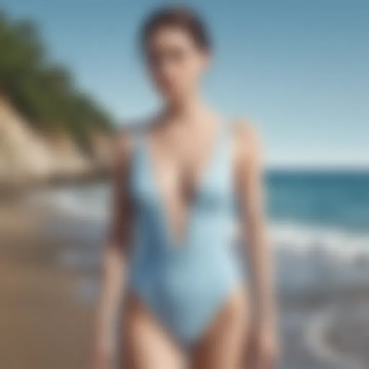 A serene beach setting accentuated by a pale blue swimsuit