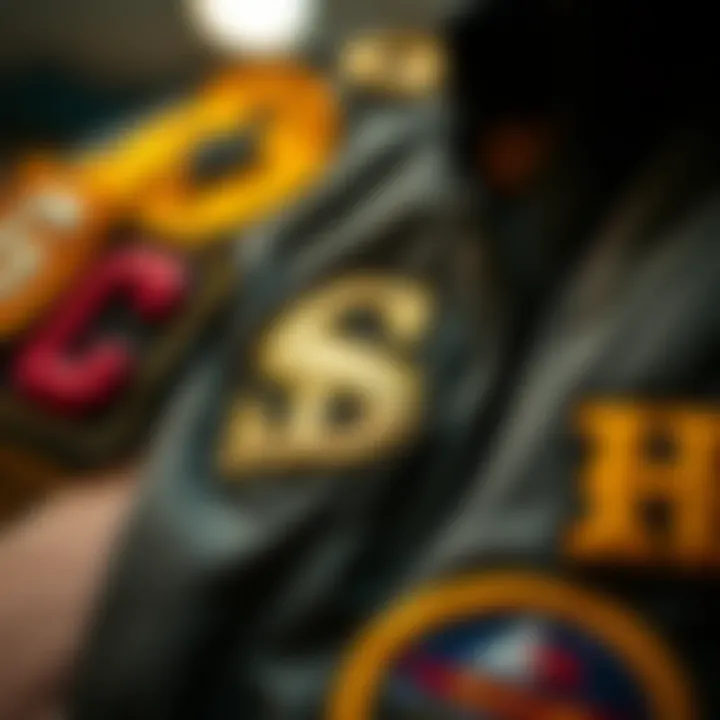 Detail view of patches on a bomber jacket highlighting craftsmanship.