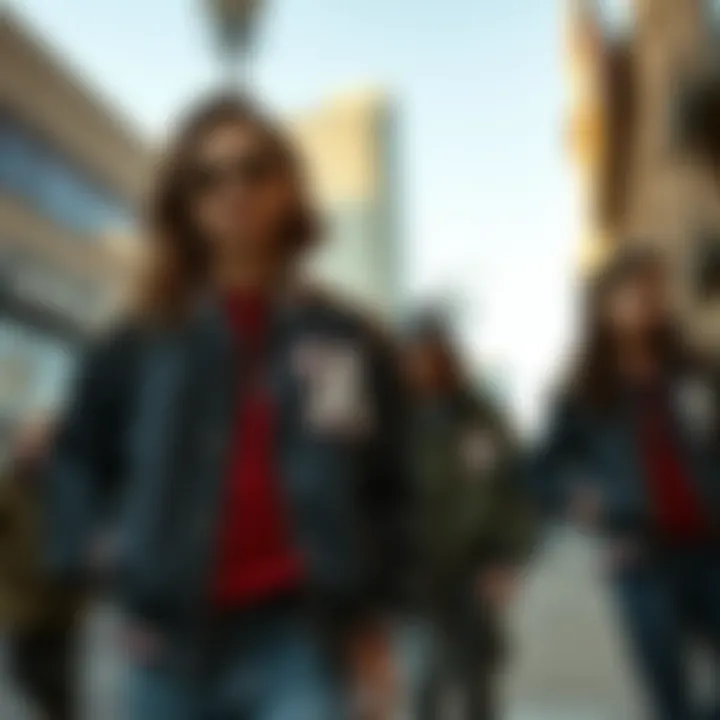 Fashion enthusiasts wearing letter patched bomber jackets in urban setting.