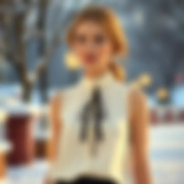 Seasonal adaptation of the mock neck sleeveless blouse in a winter setting