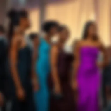 Diverse body types in one shoulder bodycon maxi dresses at an event