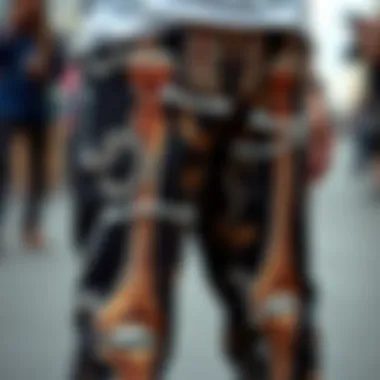 Close-up of the intricate designs on skeleton pants