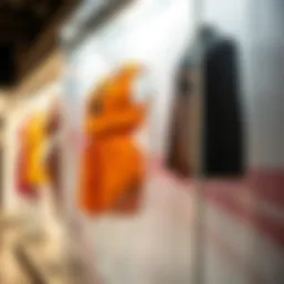 A clear plastic mannequin showcasing a vibrant outfit