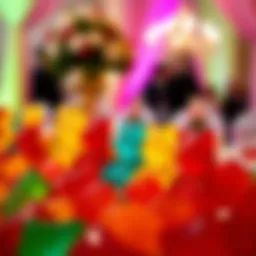Colorful assortment of gummy bears elegantly displayed at a wedding reception