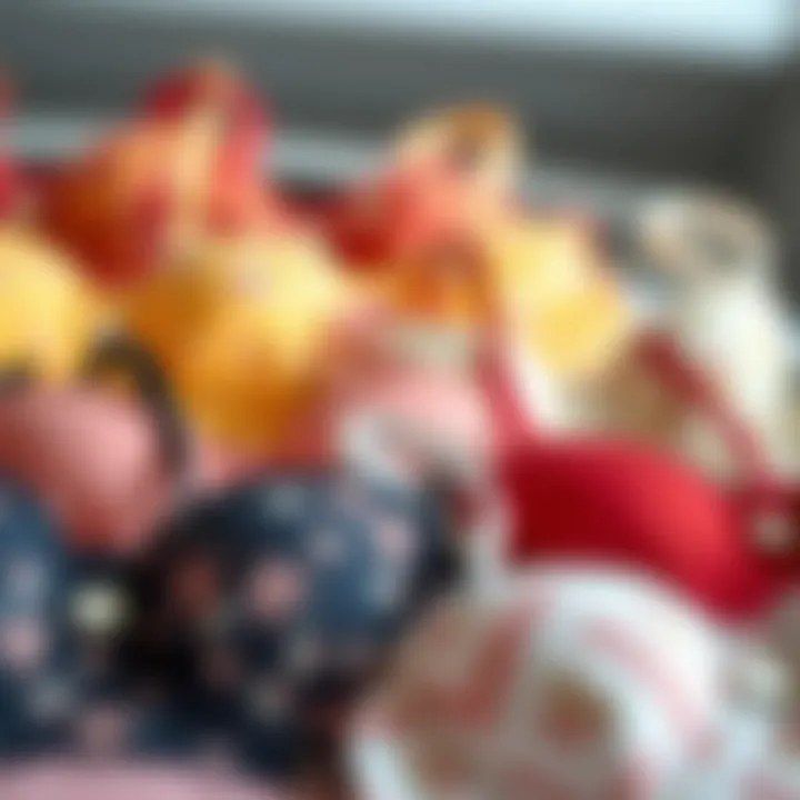 Stylish arrangement of silk bandeau bras in various colors and patterns.