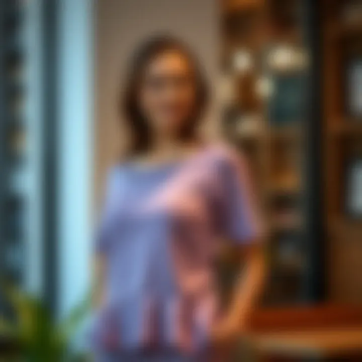 Stylish woman wearing a tulip hem nursing top in a casual setting