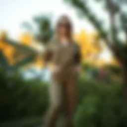 Stylish khaki jumpsuit showcased in a natural setting