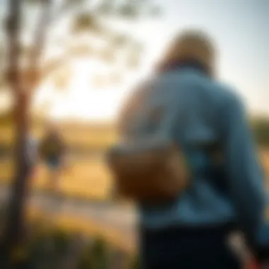 Person wearing a waist chest bag while engaging in outdoor activities