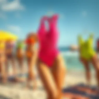 Variety of colorful bathing suits displayed on a beach